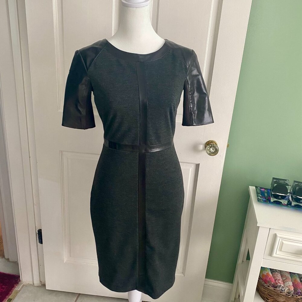Sleek June dress with edgy leather sleeve contrast NWT